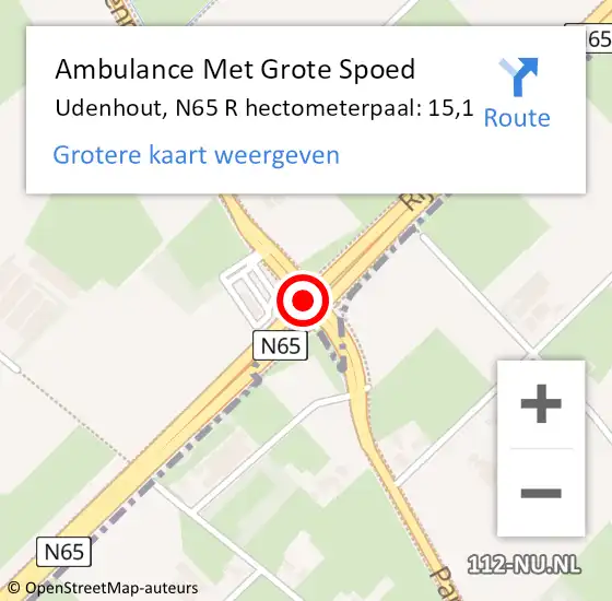 Locatie op kaart van de 112 melding: Ambulance Met Grote Spoed Naar Udenhout, N65 R hectometerpaal: 15,1 op 2 oktober 2016 15:21