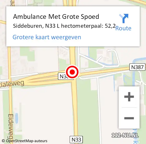 Locatie op kaart van de 112 melding: Ambulance Met Grote Spoed Naar Siddeburen, N33 L hectometerpaal: 52,2 op 8 oktober 2016 14:01