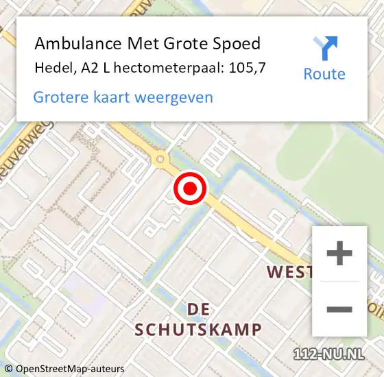 Locatie op kaart van de 112 melding: Ambulance Met Grote Spoed Naar Hedel, A2 L hectometerpaal: 105,7 op 12 oktober 2016 07:52