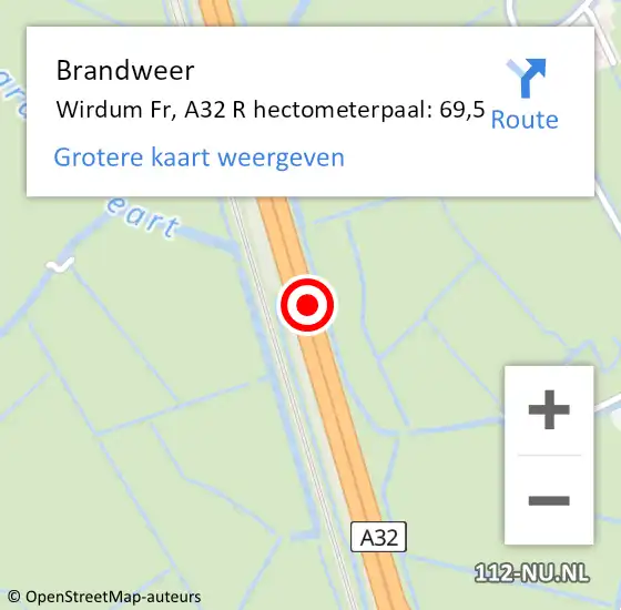 Locatie op kaart van de 112 melding: Brandweer Wirdum Fr, A32 R hectometerpaal: 69,5 op 13 oktober 2016 16:34