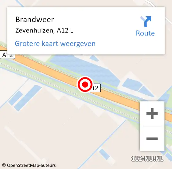 Locatie op kaart van de 112 melding: Brandweer Zevenhuizen, A12 L hectometerpaal: 22,1 op 14 oktober 2016 13:32