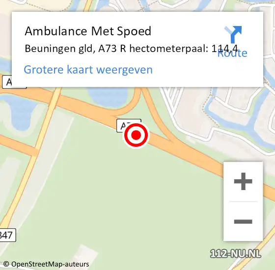 Locatie op kaart van de 112 melding: Ambulance Met Spoed Naar Beuningen gld, A73 R hectometerpaal: 112,7 op 14 oktober 2016 18:58