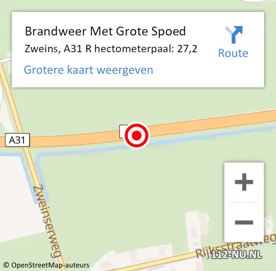 Locatie op kaart van de 112 melding: Brandweer Met Grote Spoed Naar Zweins, A31 R hectometerpaal: 27,2 op 18 oktober 2016 16:42