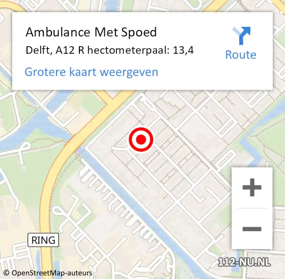 Locatie op kaart van de 112 melding: Ambulance Met Spoed Naar Delft, A12 R hectometerpaal: 13,4 op 19 oktober 2016 03:37