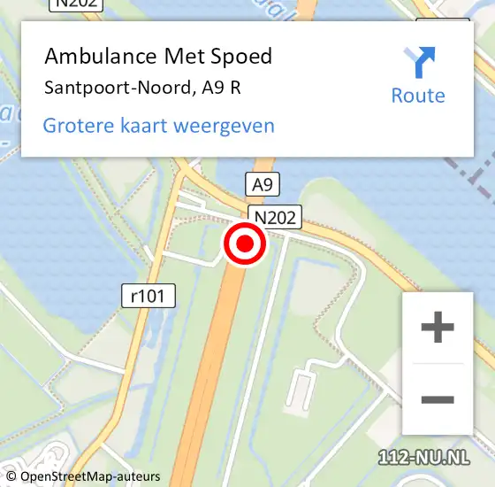 Locatie op kaart van de 112 melding: Ambulance Met Spoed Naar Santpoort-Noord, A9 R op 19 oktober 2016 05:46