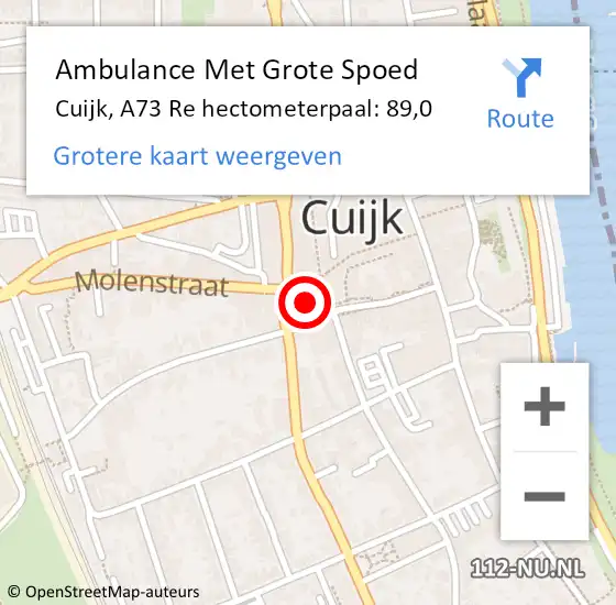 Locatie op kaart van de 112 melding: Ambulance Met Grote Spoed Naar Cuijk, A73 Re hectometerpaal: 89,9 op 21 oktober 2016 20:04
