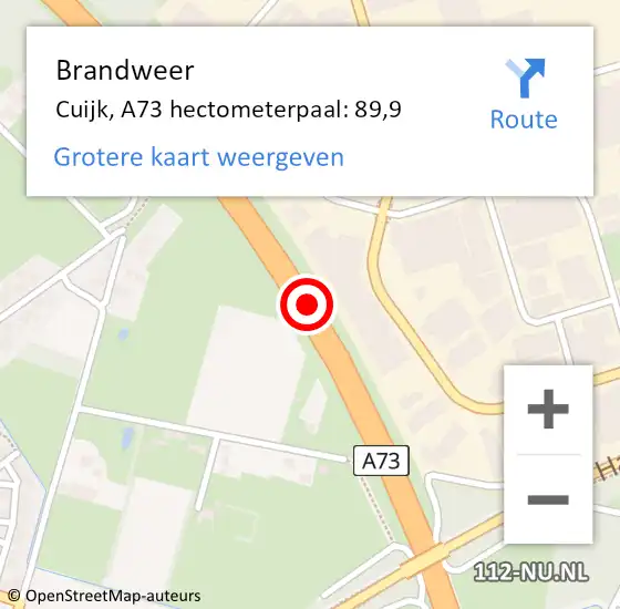 Locatie op kaart van de 112 melding: Brandweer Cuijk, A73 hectometerpaal: 89,9 op 21 oktober 2016 21:21