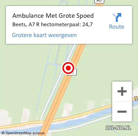Locatie op kaart van de 112 melding: Ambulance Met Grote Spoed Naar Beets, A7 R hectometerpaal: 23,7 op 25 oktober 2016 04:12