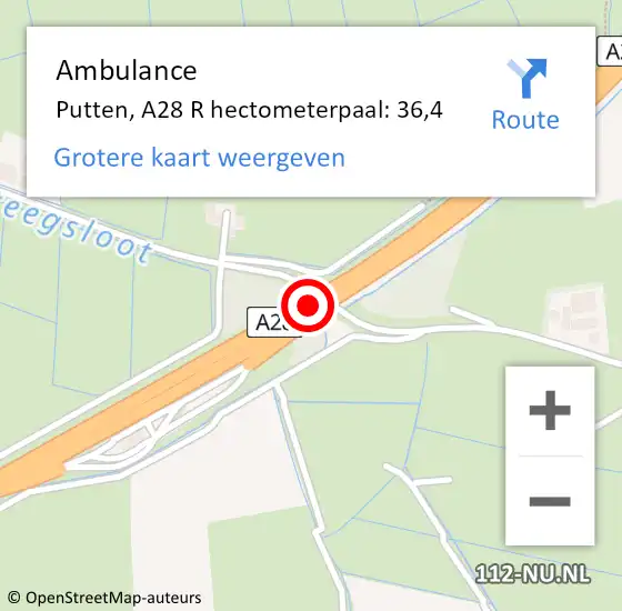 Locatie op kaart van de 112 melding: Ambulance Putten, A28 R hectometerpaal: 36,4 op 28 oktober 2016 15:53