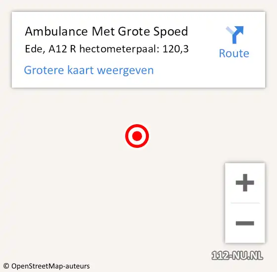 Locatie op kaart van de 112 melding: Ambulance Met Grote Spoed Naar Ede, A12 R hectometerpaal: 120,3 op 28 oktober 2016 16:57
