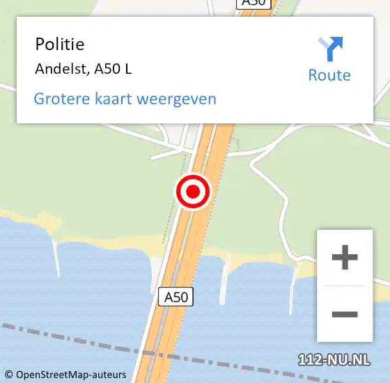 Locatie op kaart van de 112 melding: Politie Andelst, A50 L op 29 oktober 2016 00:48