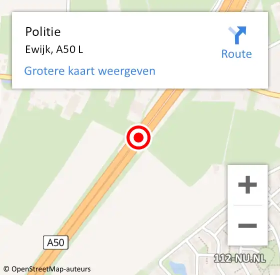 Locatie op kaart van de 112 melding: Politie Ewijk, A50 L op 29 oktober 2016 00:48
