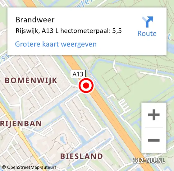 Locatie op kaart van de 112 melding: Brandweer Rijswijk, A13 R hectometerpaal: 5,6 op 30 oktober 2016 12:29