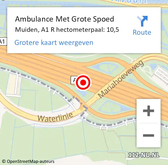 Locatie op kaart van de 112 melding: Ambulance Met Grote Spoed Naar Muiden, A1 R hectometerpaal: 10,5 op 4 november 2016 17:46