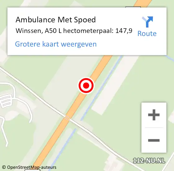 Locatie op kaart van de 112 melding: Ambulance Met Spoed Naar Winssen, A50 L hectometerpaal: 147,9 op 9 november 2016 23:16