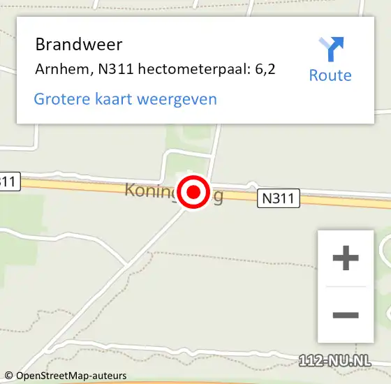 Locatie op kaart van de 112 melding: Brandweer Arnhem, N311 hectometerpaal: 6,2 op 12 november 2016 06:39