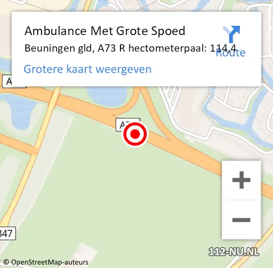 Locatie op kaart van de 112 melding: Ambulance Met Grote Spoed Naar Beuningen gld, A73 R hectometerpaal: 112,5 op 14 november 2016 09:10