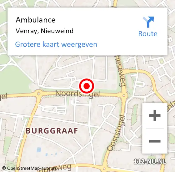 Locatie op kaart van de 112 melding: Ambulance Venray, Nieuweind op 14 november 2016 10:20