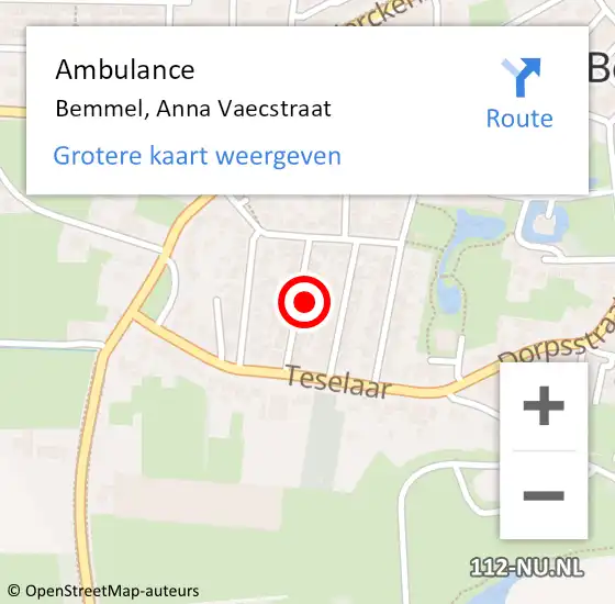 Locatie op kaart van de 112 melding: Ambulance Bemmel, Anna Vaecstraat op 18 november 2016 16:43