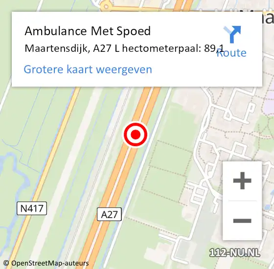Locatie op kaart van de 112 melding: Ambulance Met Spoed Naar Maartensdijk, A27 L hectometerpaal: 89,1 op 18 november 2016 23:55