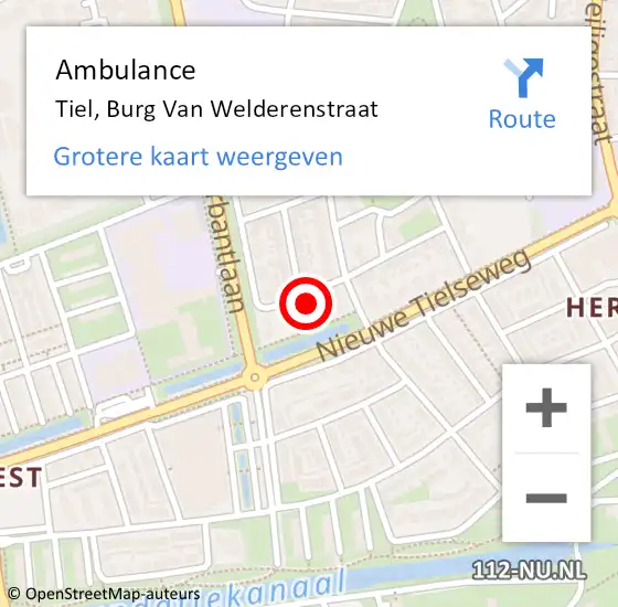 Locatie op kaart van de 112 melding: Ambulance Tiel, Burg Van Welderenstraat op 21 november 2016 15:31