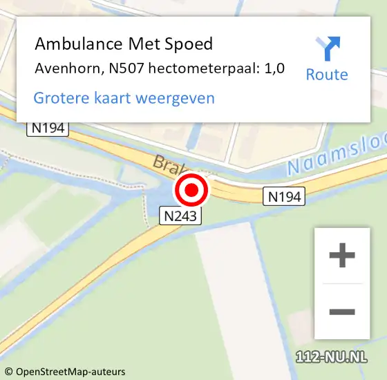 Locatie op kaart van de 112 melding: Ambulance Met Spoed Naar Avenhorn, N507 hectometerpaal: 1,0 op 23 november 2016 07:31