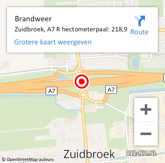 Locatie op kaart van de 112 melding: Brandweer Zuidbroek, A7 R hectometerpaal: 218,9 op 27 november 2016 06:13