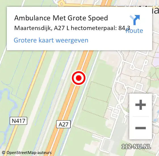 Locatie op kaart van de 112 melding: Ambulance Met Grote Spoed Naar Maartensdijk, A27 L hectometerpaal: 84,3 op 30 november 2016 16:20