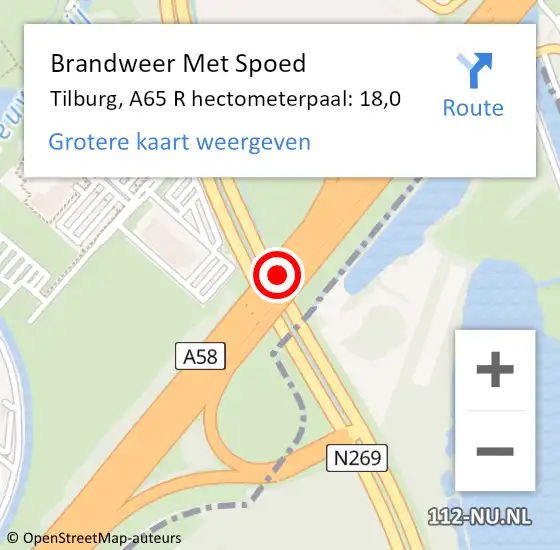 Locatie op kaart van de 112 melding: Brandweer Met Spoed Naar Tilburg, A65 R hectometerpaal: 18,0 op 3 december 2016 00:41