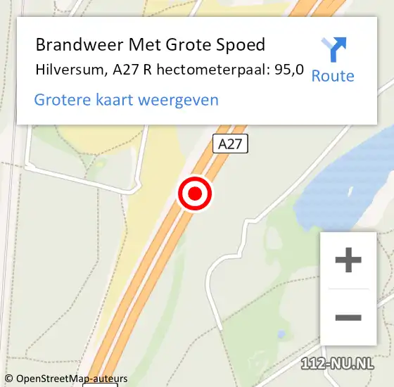 Locatie op kaart van de 112 melding: Brandweer Met Grote Spoed Naar Hilversum, A27 R hectometerpaal: 93,6 op 5 december 2016 13:26