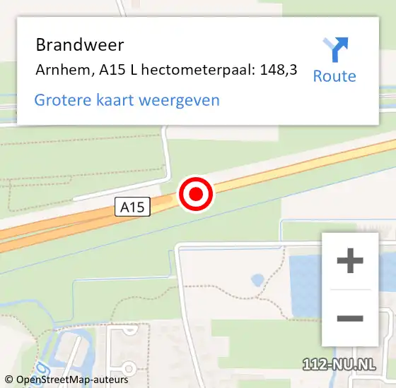 Locatie op kaart van de 112 melding: Brandweer Arnhem, A15 L hectometerpaal: 148,3 op 8 december 2016 10:56