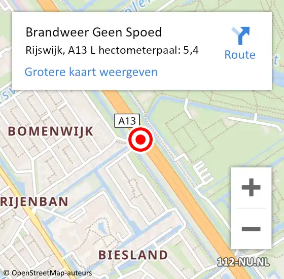 Locatie op kaart van de 112 melding: Brandweer Geen Spoed Naar Rijswijk, A13 L hectometerpaal: 5,4 op 11 december 2016 14:11