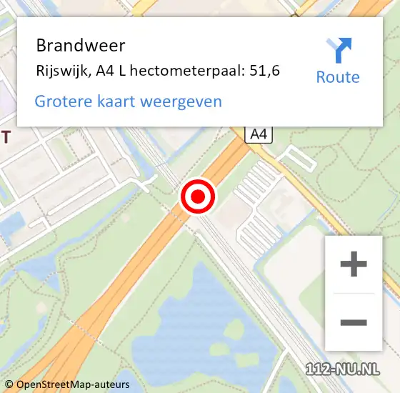 Locatie op kaart van de 112 melding: Brandweer Rijswijk, A4 L hectometerpaal: 51,5 op 12 december 2016 10:01