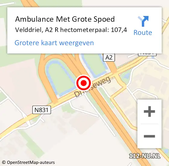 Locatie op kaart van de 112 melding: Ambulance Met Grote Spoed Naar Velddriel, A2 L hectometerpaal: 109,0 op 13 december 2016 14:39
