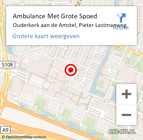 Locatie op kaart van de 112 melding: Ambulance Met Grote Spoed Naar Ouderkerk aan de Amstel, Pieter Lastmanweg op 13 december 2016 15:53