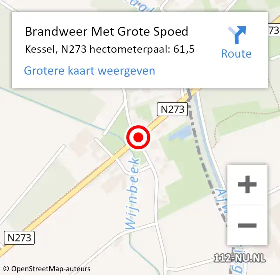 Locatie op kaart van de 112 melding: Brandweer Met Grote Spoed Naar Kessel, N273 hectometerpaal: 61,5 op 14 december 2016 19:35