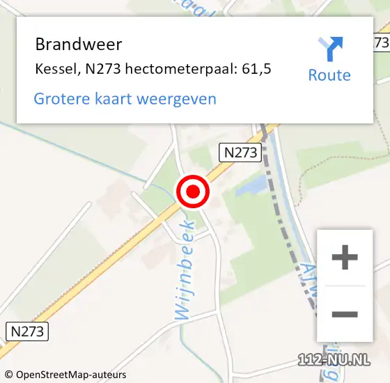 Locatie op kaart van de 112 melding: Brandweer Kessel, N273 hectometerpaal: 61,5 op 14 december 2016 19:47