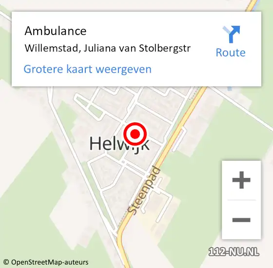 Locatie op kaart van de 112 melding: Ambulance Willemstad, Juliana van Stolbergstr op 16 december 2016 09:28