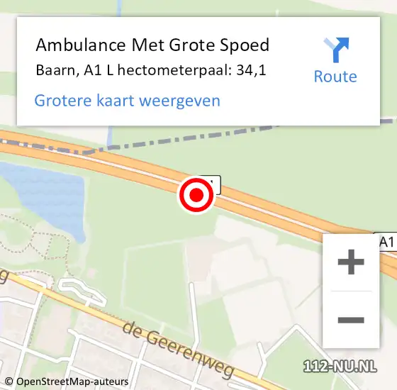 Locatie op kaart van de 112 melding: Ambulance Met Grote Spoed Naar Baarn, A1 L hectometerpaal: 34,1 op 17 december 2016 17:34