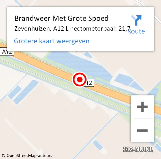 Locatie op kaart van de 112 melding: Brandweer Met Grote Spoed Naar Zevenhuizen, A12 L hectometerpaal: 21,7 op 24 december 2016 15:13