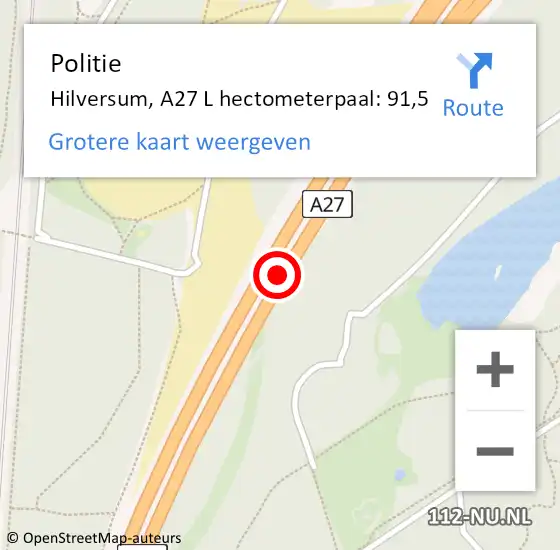 Locatie op kaart van de 112 melding: Politie Hilversum, A27 L op 25 december 2016 12:51