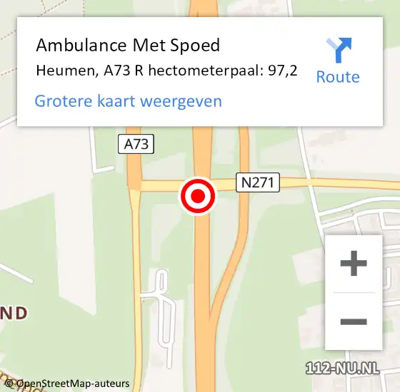 Locatie op kaart van de 112 melding: Ambulance Met Spoed Naar Heumen, A73 L hectometerpaal: 95,8 op 25 december 2016 14:31