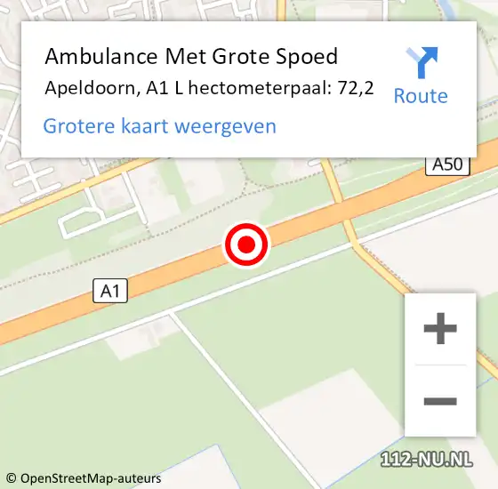 Locatie op kaart van de 112 melding: Ambulance Met Grote Spoed Naar Apeldoorn, A1 L hectometerpaal: 117,2 op 6 januari 2014 02:56
