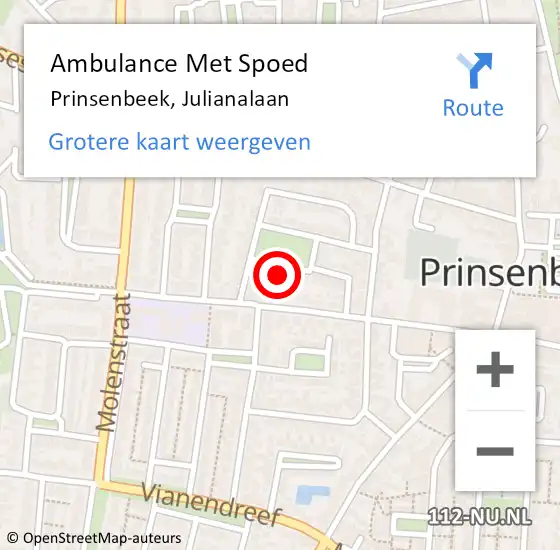 Locatie op kaart van de 112 melding: Ambulance Met Spoed Naar Prinsenbeek, Julianalaan op 4 januari 2017 21:48