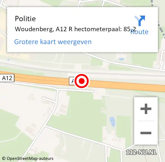 Locatie op kaart van de 112 melding: Politie Woudenberg, A12 R hectometerpaal: 85,2 op 5 januari 2017 06:16