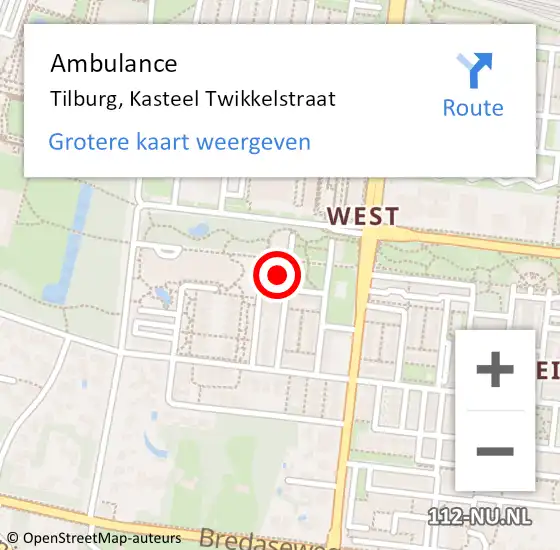 Locatie op kaart van de 112 melding: Ambulance Tilburg, Kasteel Twikkelstraat op 5 januari 2017 16:17