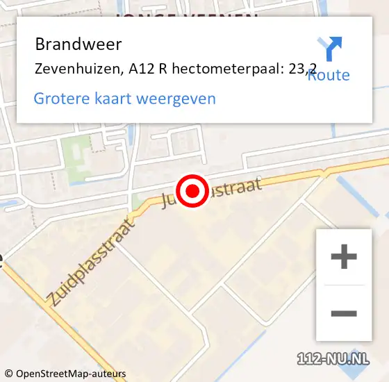 Locatie op kaart van de 112 melding: Brandweer Zevenhuizen, A12 R hectometerpaal: 23,2 op 7 januari 2017 07:04