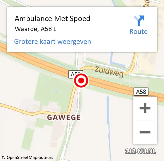 Locatie op kaart van de 112 melding: Ambulance Met Spoed Naar Waarde, A58 L op 14 januari 2017 21:34