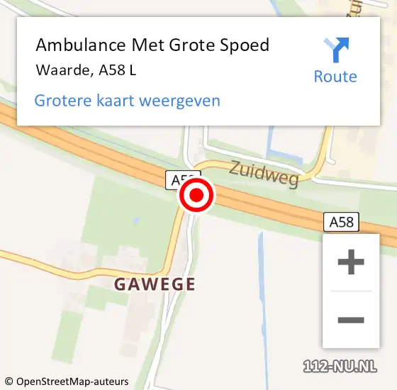 Locatie op kaart van de 112 melding: Ambulance Met Grote Spoed Naar Waarde, A58 L op 14 januari 2017 21:35