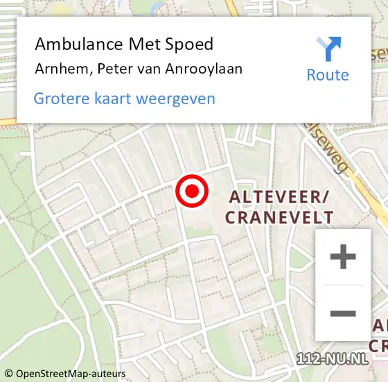 Locatie op kaart van de 112 melding: Ambulance Met Spoed Naar Arnhem, Peter van Anrooylaan op 16 januari 2017 09:05
